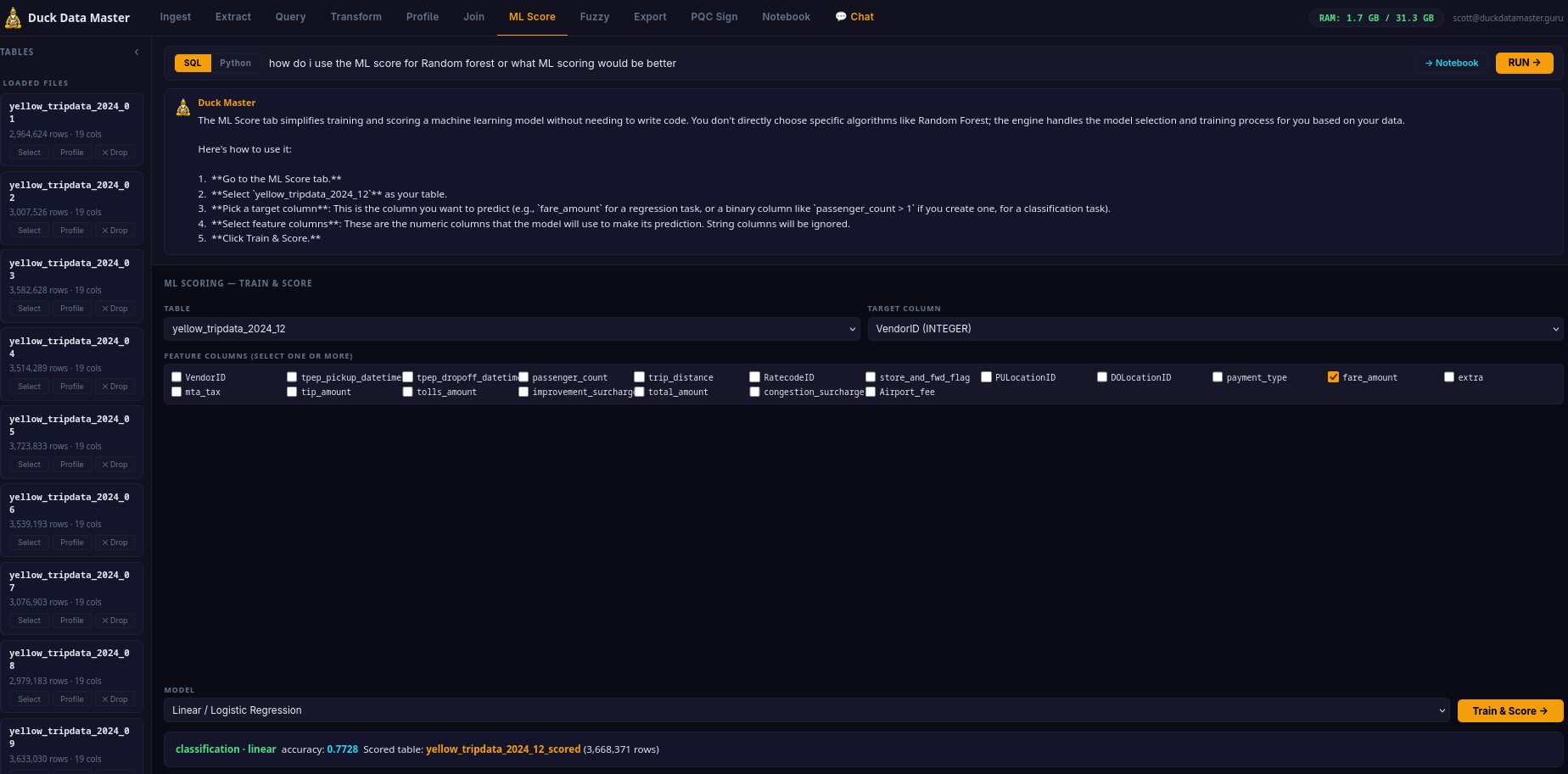 ML Score Tab — train and score ML models