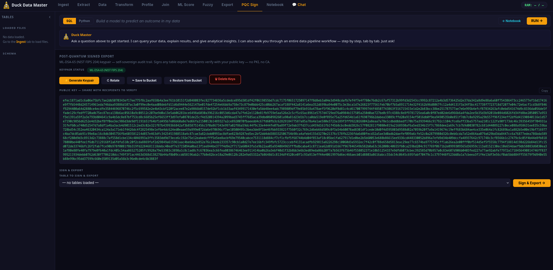 PQC Sign Tab — post-quantum keypair lifecycle