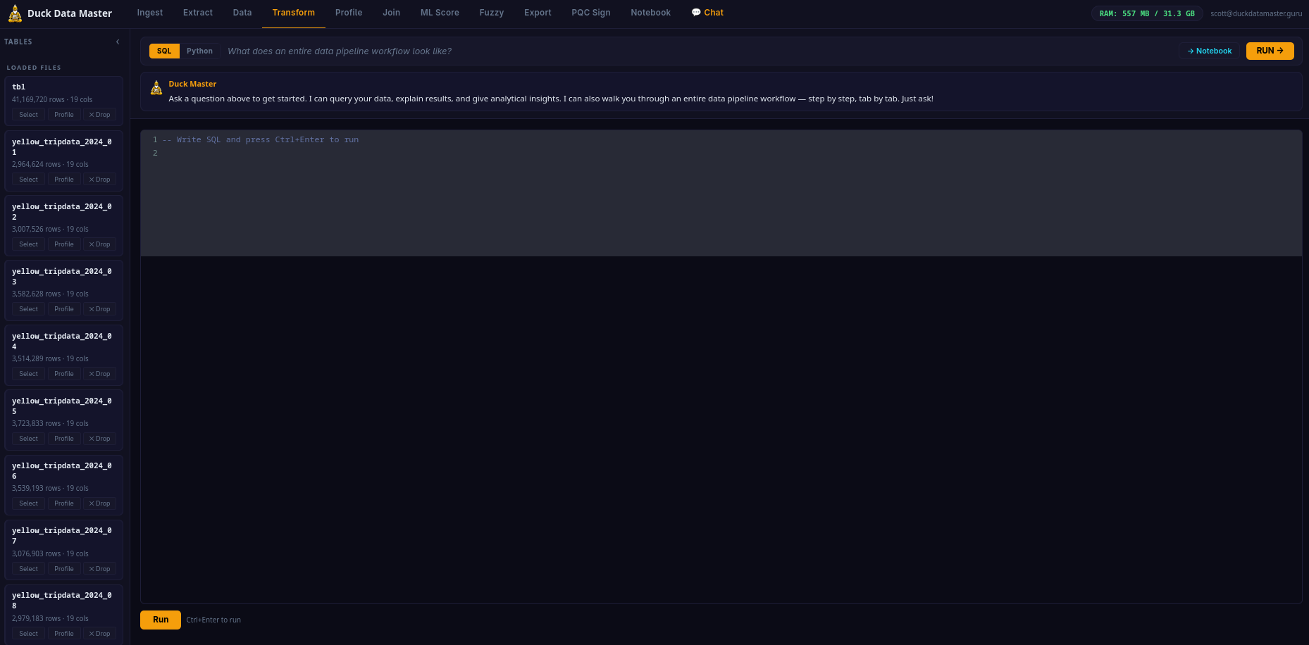 Transform Tab — SQL editor